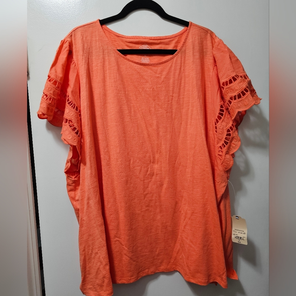 Women's Plus Size Coral Orange Lace Sleeve Top. Size 4X